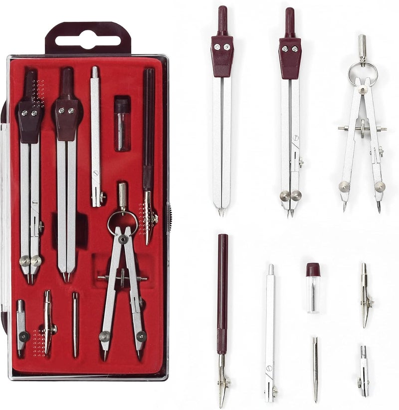 Unjoo Drawing 9Pc Geometry Set Metal Compass, Geometry Precision Tool for Student, Circle Drawing Tool and Architecture, Drafting Kits for Engineer with Shatterproof Storage Box (Red) - Image 2